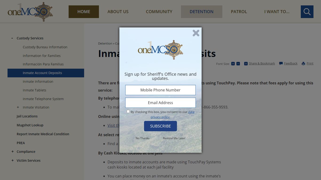 Inmate Account Deposits | Maricopa County Sheriff's Office